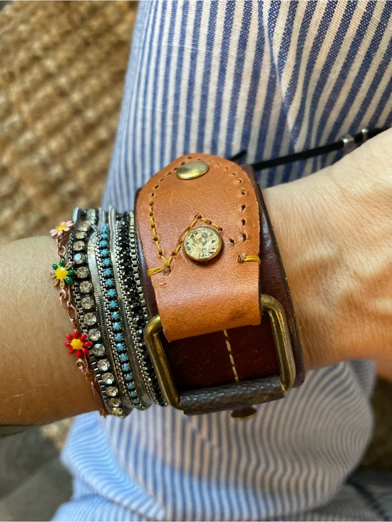 Trashyclass Jewelry - Leather Wrap Bracelet with Brass Buckle - Tan & Brown upcycled from an LV BAG